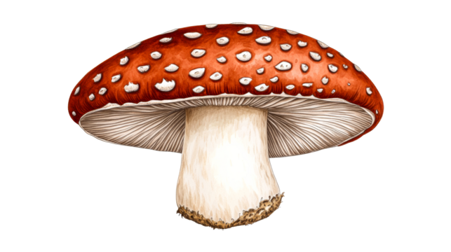 Amanita muscaria mushroom, red cap with white spots, detailed illustration, cut out transparent