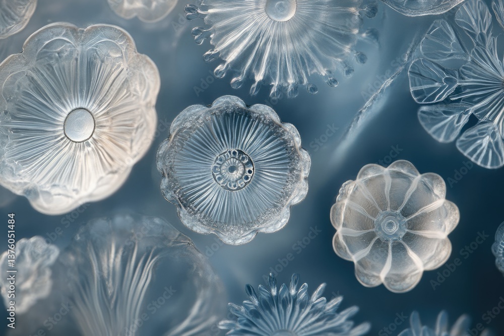 Poster a close-up of multiple translucent, flower-like crystal formations with radial patterns, set against