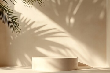 Serene sunlight filters through palm fronds onto a minimalist beige platform, creating a tranquil, sun-drenched scene.