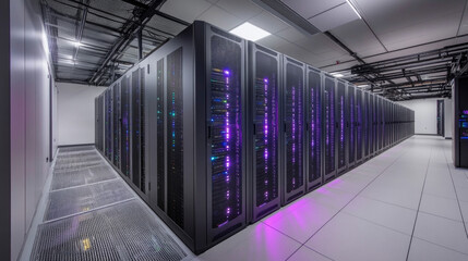 Blinking servers fill the modern data center, creating a vibrant display of lights as they function, representing cutting-edge technology in data management and processing efficiency.