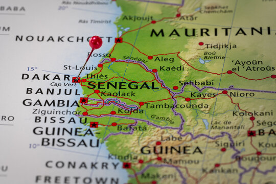 Colorful tourist location map with red stick pin at Dakar, Senegal and the surrounding area