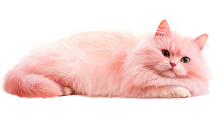 Pink cat lying down, resting feline, pet portrait, cut out transparent