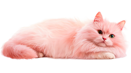 Pink cat lying down, resting feline, pet portrait, cut out transparent