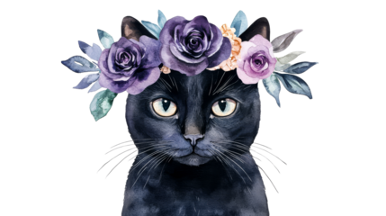 Feline portrait, black cat wearing flowers, floral crown, watercolor, cut out transparent