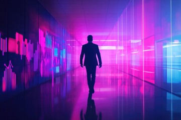 Fototapeta premium A businessman walks down a neon-lit corridor displaying dynamic data visualizations.