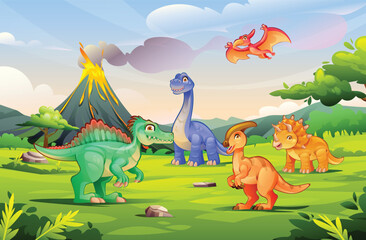 Cute dinosaurs playing in a prehistoric jungle with a volcano erupting in the background. Vector cartoon illustration © YG Studio