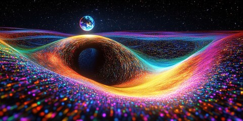 Cosmic Authority: Luminous Particle Flow Forming Scepter with Earth Data Nebula. Abstract Marketing Background with Stardust Silhouettes on Quantum Purple and Black Hole Blue Gradient. Creative Patter