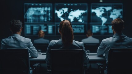 Intelligence team analyzing global trends command center digital screens dark atmosphere analytical view data insights