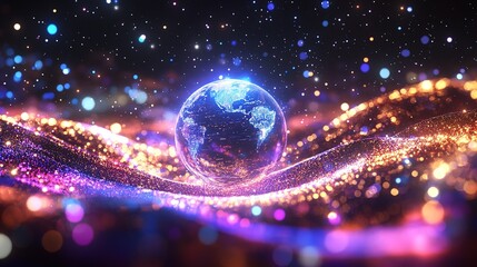 Cosmic Authority: Luminous Particle Flow Forming Scepter with Earth Data Nebula. Abstract Marketing Background with Stardust Silhouettes on Quantum Purple and Black Hole Blue Gradient. Creative Patter