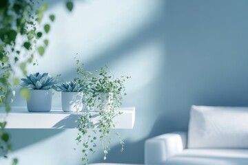 Minimalist interior with blue accents, featuring potted succulents and trailing plants on a white shelf with soft lighting.
