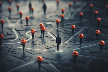 Exploring a digital map filled with location markers and a solitary figure in a modern cityscape