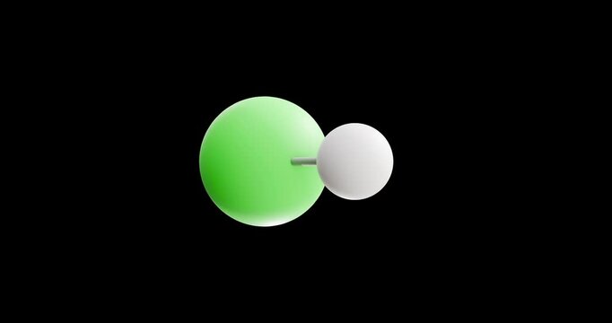 Hydrochloric acid molecule, rotating 3D model of muriatic acid, looped video on a black background