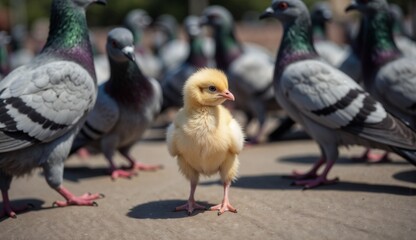 Obraz premium Yellow chicken standing out among pigeons in a crowd 