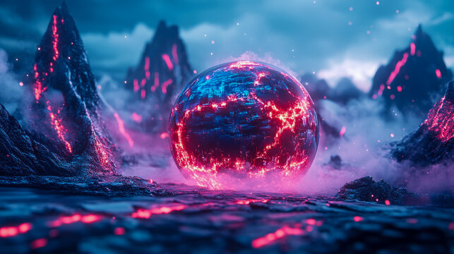 Futuristic Planet Core: A glowing sphere over alien landscape, a cosmic scene with mountains and energy