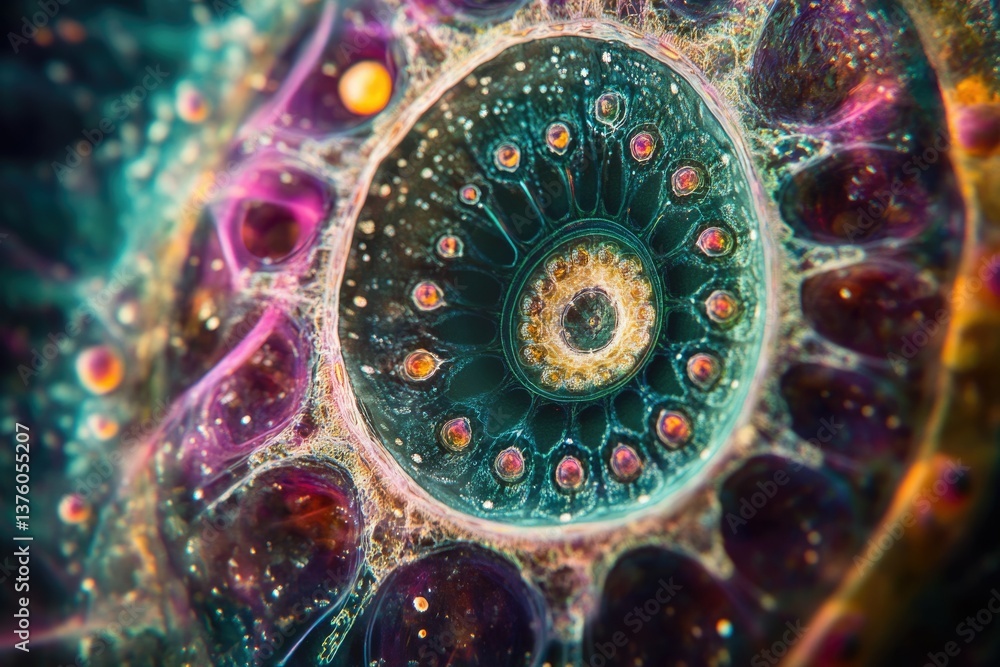 Poster a vibrant, abstract spiral with cellular patterns, showcasing intricate details and a mesmerizing bl