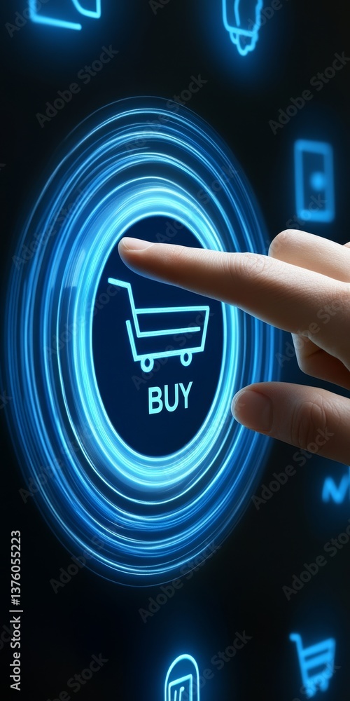 Poster finger about to click buy button with shopping cart icon on futuristic digital interface