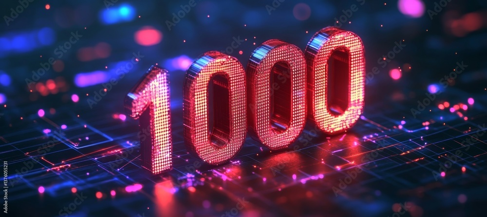 Poster glowing three-dimensional number one thousand against abstract , futuristic background