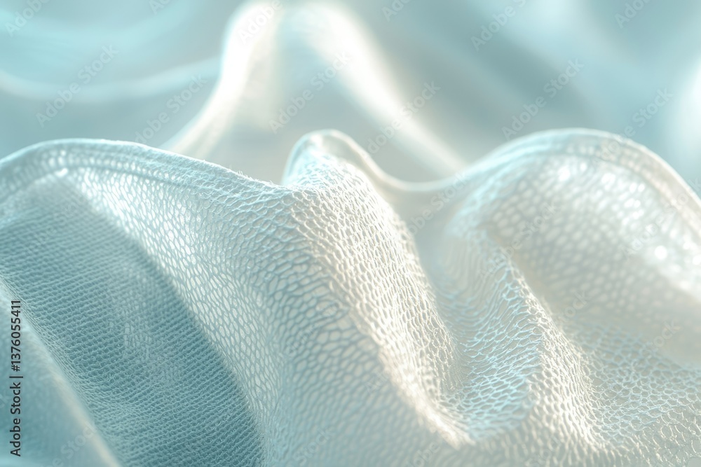 Poster delicate white fabric with a textured, net-like pattern, gently draped and softly illuminated with a