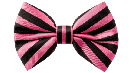 Black and pink striped bow tie on black background, cut out transparent