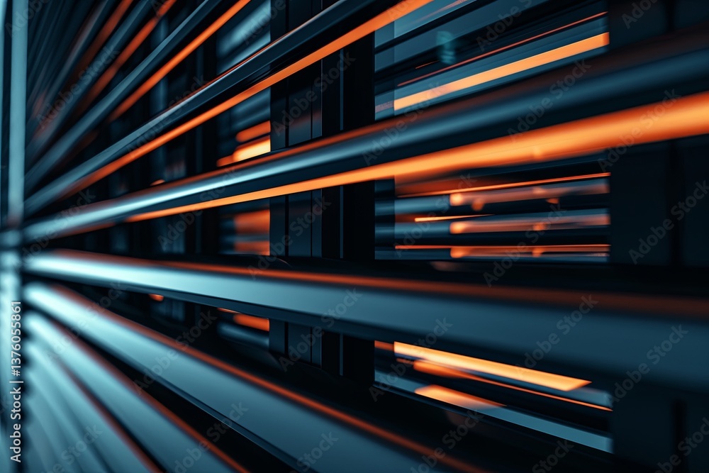 Poster abstract view of illuminated slats in a modern architectural environment at night with a blend of co