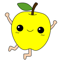 Funny Apple cartoon character with arms and legs dancing on transparent background, vector illustration