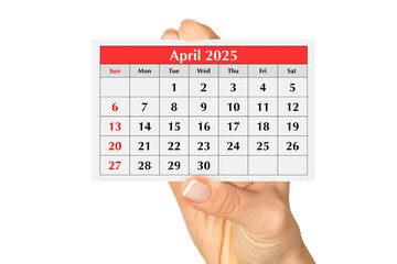 Page of the annual monthly calendar april 2025 in hand. Isolated on transparent png