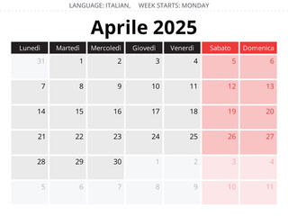 Calendar for month april 2025. Italian. Vector illustrations for paper printing. Italy
