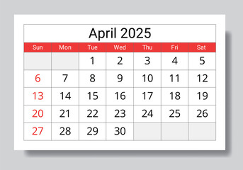 2025 april calendar. A vector collection of English monthly page calendars. Design Sunday start