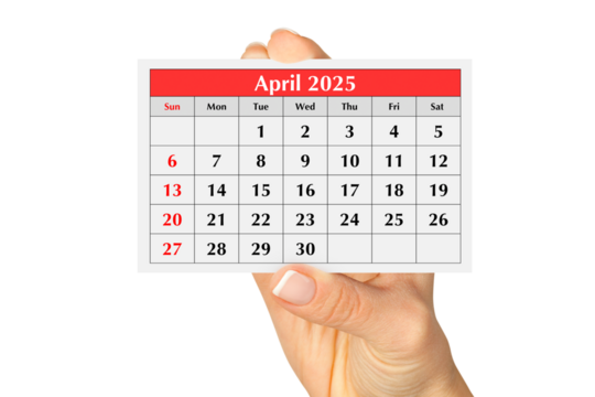 Page of the annual monthly calendar april 2025 in hand. Isolated on transparent png