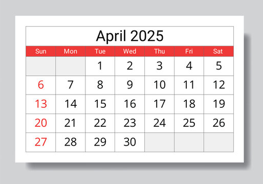2025 april calendar. A vector collection of English monthly page calendars. Design Sunday start