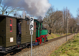 Tourist steam train moves on narrow gauge tracks in city Grosser Garten in Dresden, Germany. Historic landmark, popular attraction for visitors.