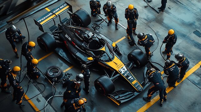 Formula One Race Team Pit Crew Servicing a High-Performance Racing Car in Garage