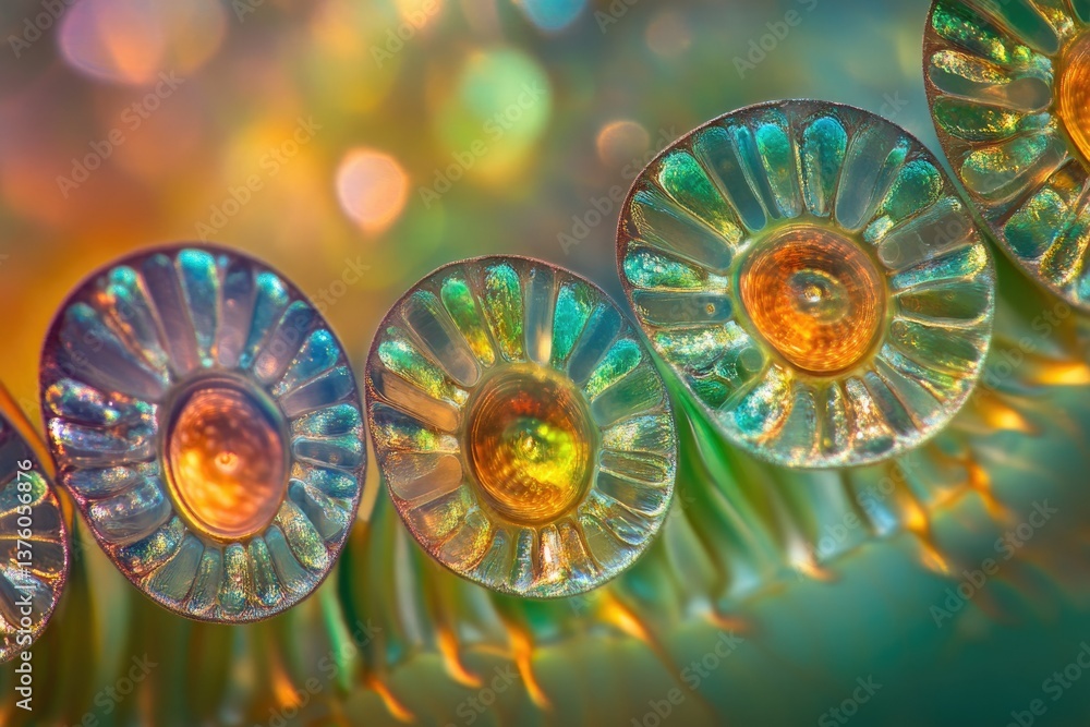 Aufkleber macro shot of iridescent, circular structures with radial patterns, set against a soft, blurred back