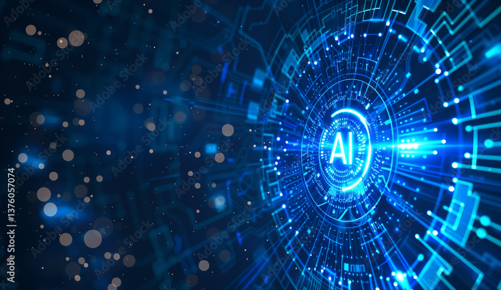 Poster abstract futuristic background with blue glowing digital elements and the word 