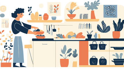 Woman preparing food in a bright, plant-filled kitchen