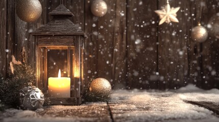 Rustic wooden lantern with candle, Christmas ornaments, snow, and evergreen boughs against a weathered wood background.