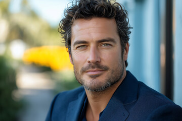 Obraz premium confident man with curly hair and well groomed beard, wearing dark blazer, poses outdoors with blurred background of vibrant flowers