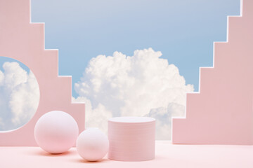 Minimal geometry cylinder podium table top with blue sky pink white cloud background.product placement pedestal modern stand display,surreal paradise dreamy concept.
