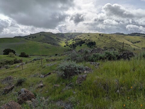 green hills on a stormy day