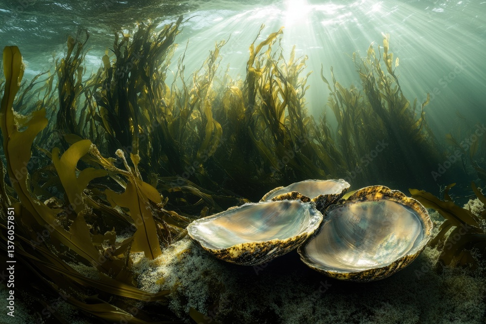 Poster sunlight filters through seaweed illuminating three iridescent shells resting on the ocean floor in 