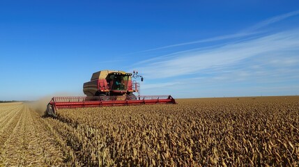 Obraz premium A sunny day harvesting beans, with the field stretching out in the background and the sky deep blue.