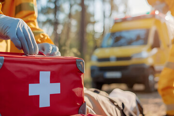 Emergency responders providing first aid with medical kit and ambulance on scene