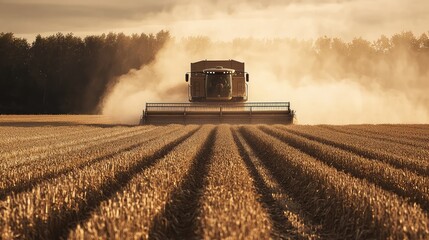 Fototapeta premium Dust and grain, harvesting a massive wheat field with rows of crops behind it.