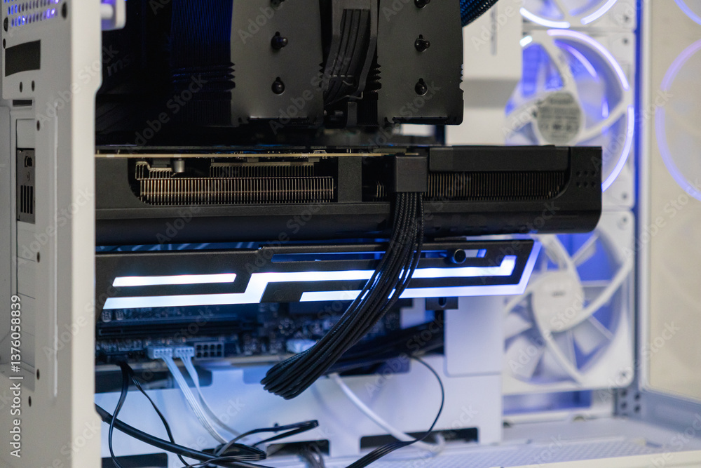 Fototapete high-end graphics card installed in gaming pc with illuminated support bracket for secure mounting a
