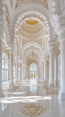 Fototapeta premium Grand hall showcasing stunning white marble columns and intricate golden details. Natural light floods the space creating an inviting atmosphere