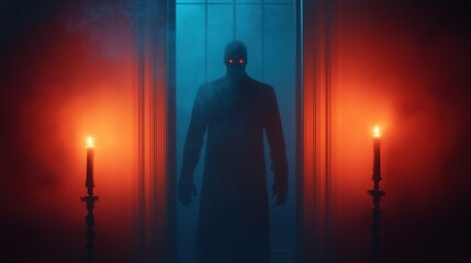 Mysterious figure emerges from shadows in a dimly lit hallway horror scene spooky atmosphere cinematic view