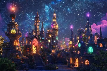 Obraz premium Enchanted fantasy town at night. Magical buildings, twinkling lights, starry sky. Perfect for fairytale, game, or children's book illustrations.