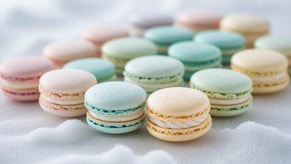 A delicate assortment of macarons in soft, calming pastel hues, ranging from pale pink and baby blue to mint green and creamy yellow, carefully arranged in a horizontal row on a pristine