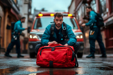 Emergency response paramedic team with medical bag and ambulance in urban environment