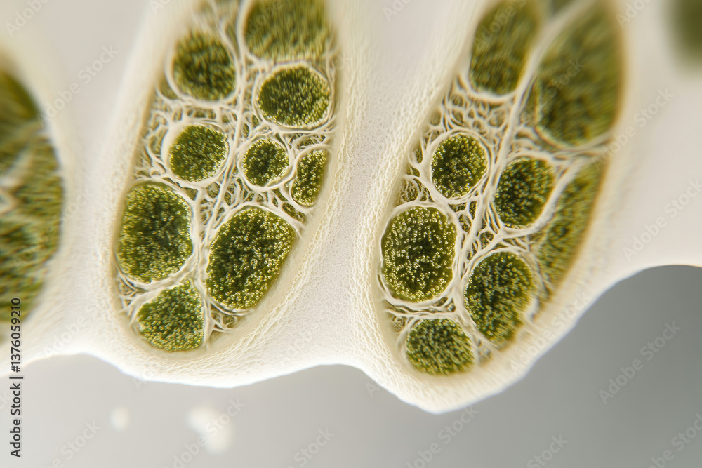 Poster microscopic view of intricate cellular structures, revealing complex network of green organelles wit